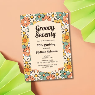Retro Brown Peach Floral Groovy 70th Birthday Invitation