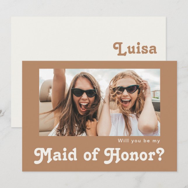 Retro Brown Photo Maid of Honour Proposal Card (Front/Back)