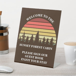 Retro Brown Sunset Forest Customised Log Cabin Pedestal Sign