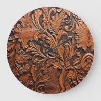 Retro brown tooled leather wall clock.