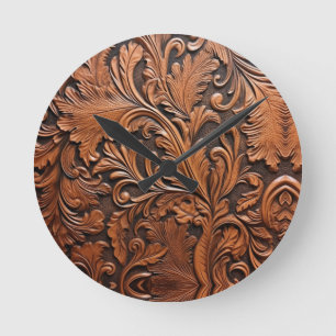 Retro brown tooled leather wall clock. round clock