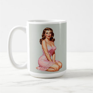 Retro Brunette Pin-up Girl in Pink Coffee Mug