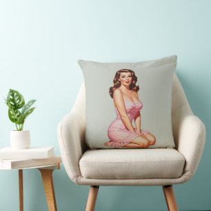 Retro Brunette Pin-up Girl in Pink Cushion