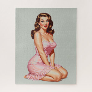 Retro Brunette Pin-up Girl in Pink Jigsaw Puzzle
