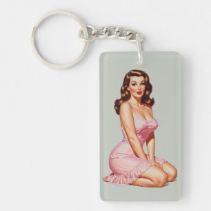 Retro Brunette Pin-up Girl in Pink  Key Ring