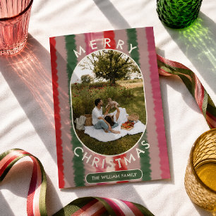 Retro Brush Pattern Merry Christmas Family Photo Holiday Card