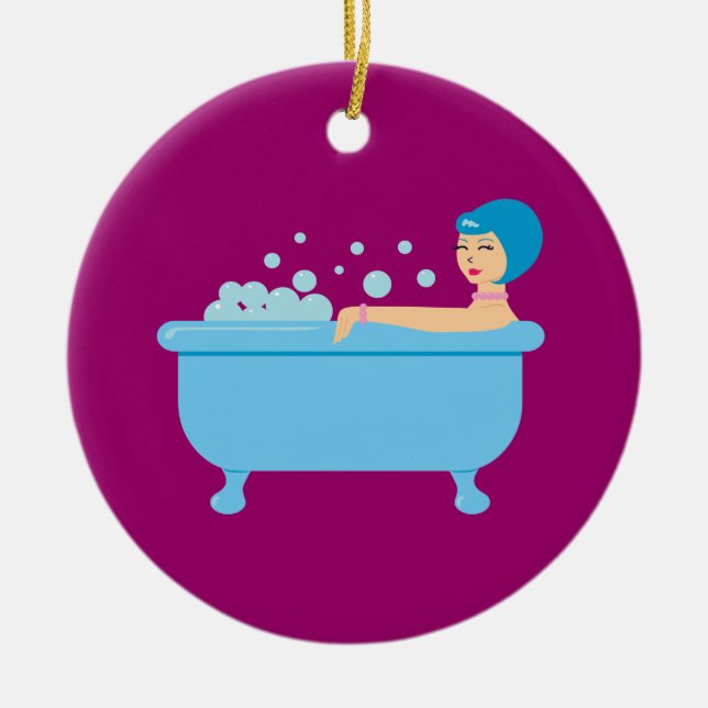 Retro Bubble Bath Girl Ceramic Ornament (Front)