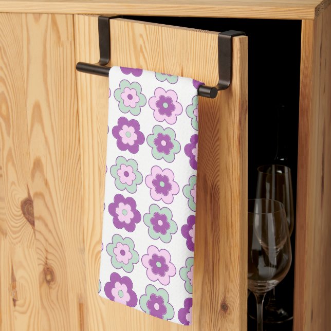 Retro Bubble Flowers (green and purple) Pattern Tea Towel (Thirds Fold)
