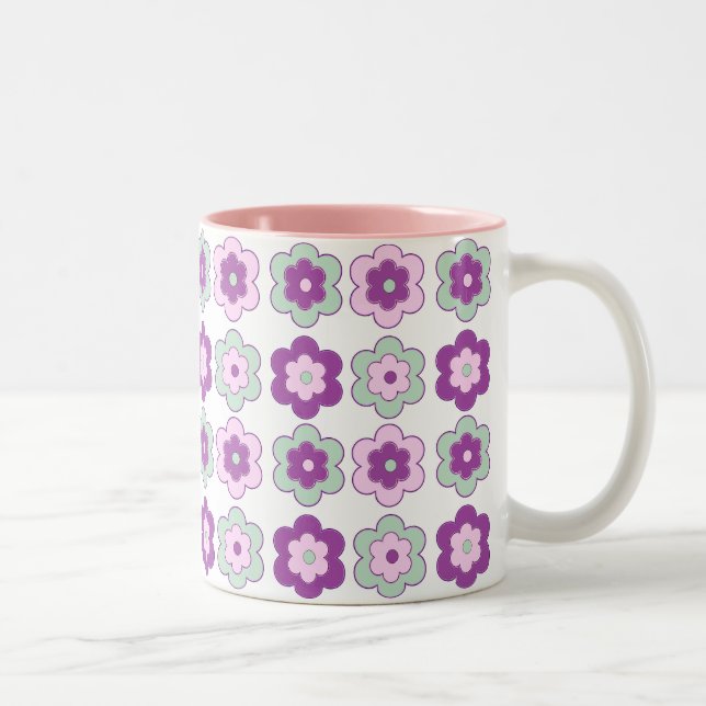 Retro Bubble Flowers (green and purple) Pattern Two-Tone Coffee Mug (Right)