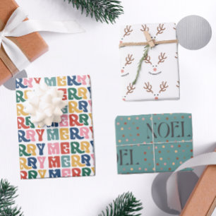 Retro Bubble Letter Reindeer Christmas Custom Wrapping Paper Sheet