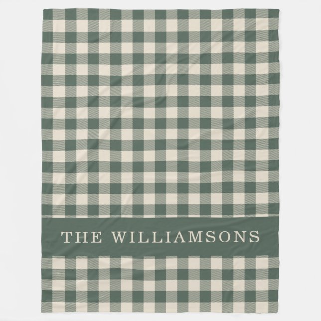 Retro Buffalo Plaid Forest Green Personalised Name Fleece Blanket (Front)
