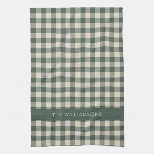 Retro Buffalo Plaid Forest Green Personalised Name Tea Towel