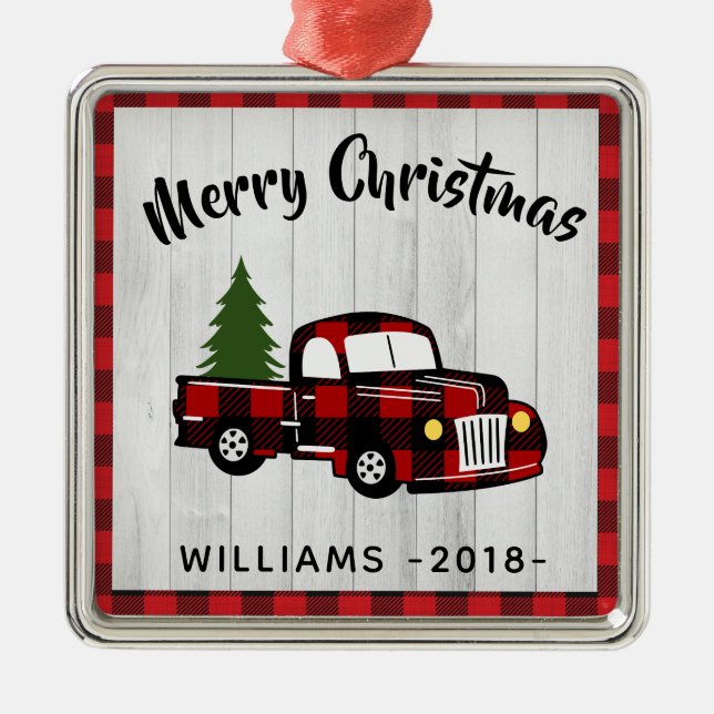 Retro Buffalo Plaid Personalised Metal Ornament (Front)