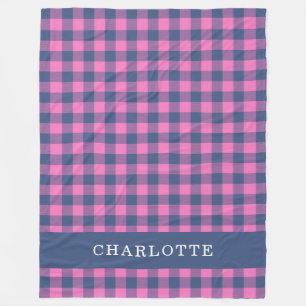 Retro Buffalo Plaid Pink Blue Personalised Name Fleece Blanket