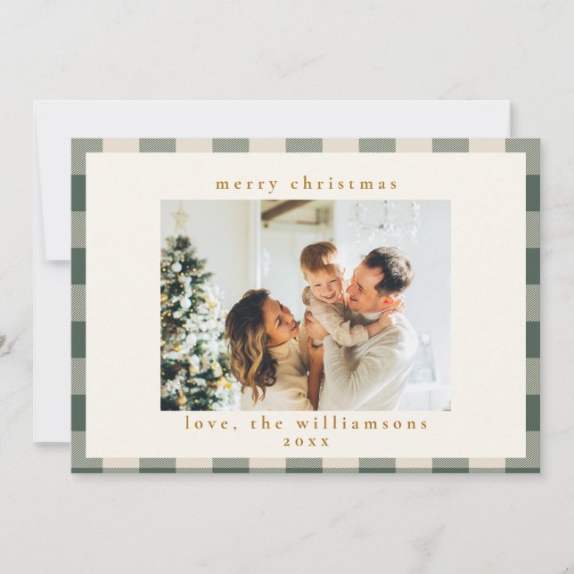 Retro Buffalo Plaid Tartan Forest Green Photo Holiday Card (Front)