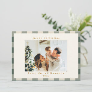Retro Buffalo Plaid Tartan Forest Green Photo Holiday Card