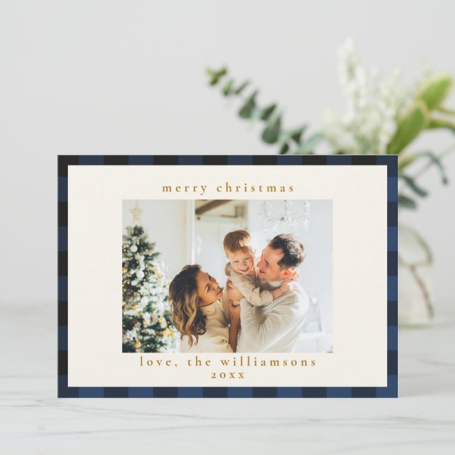 Retro Buffalo Plaid Tartan Pattern Navy Blue Black Holiday Card (Standing Front)