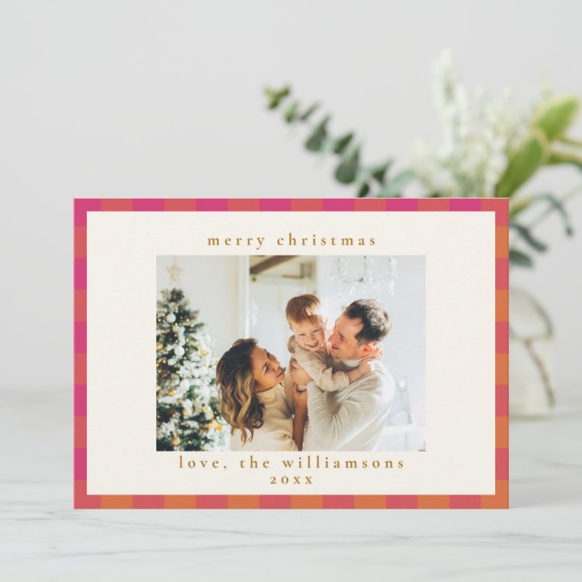 Retro Buffalo Plaid Tartan Pattern Pink and Orange Holiday Card (Standing Front)