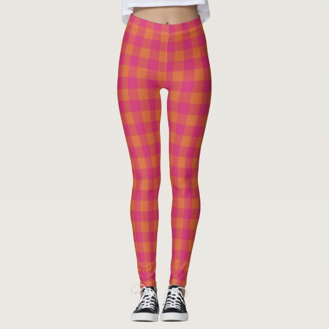 Retro Buffalo Plaid Tartan Pattern Pink and Orange Leggings (Front)