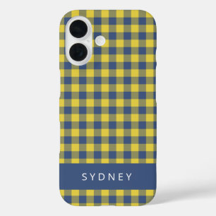 Retro Buffalo Plaid Yellow Blue Personalised Name  iPhone 16 Case