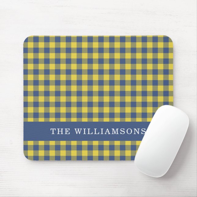 Retro Buffalo Plaid Yellow Blue Personalised Name  Mouse Pad (With Mouse)