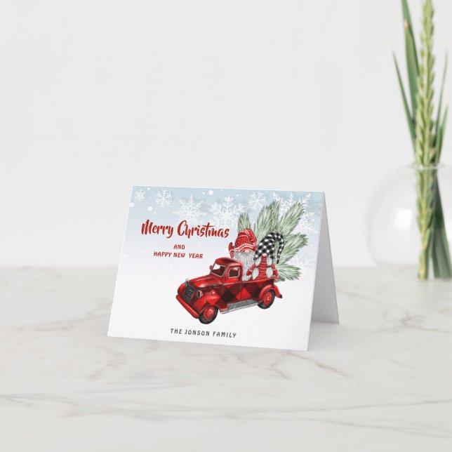 Retro Buffalo Red Truck Gnomes Rustic Christmas Card (Front)