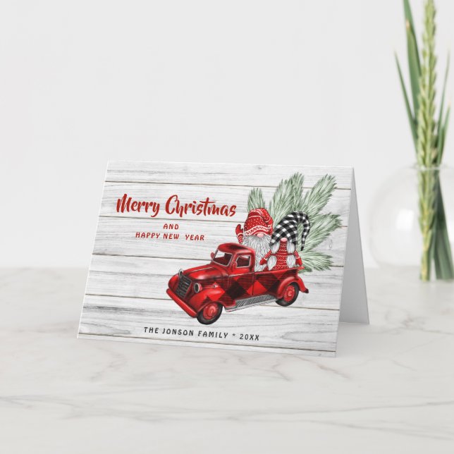 Retro Buffalo Red Truck Gnomes Rustic Christmas Card (Front)