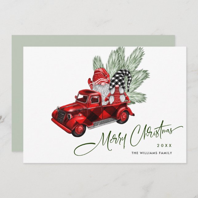 Retro Buffalo Red Truck Gnomes Rustic Christmas Holiday Card (Front/Back)