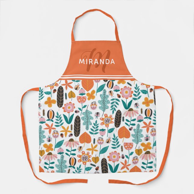 Retro Bugs & Flowers Pattern Orange Monogram Apron (Front)