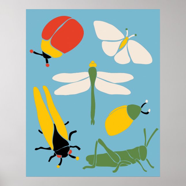 Retro Bugs Insects Illustrations Light Blue Poster (Front)