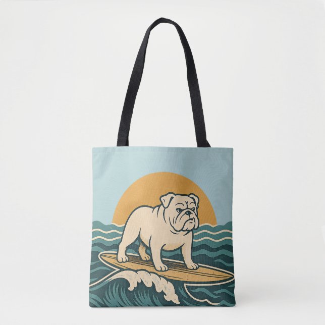 Retro Bulldog Surfer -Blue Coastal Surfing Dog Art Tote Bag (Front)