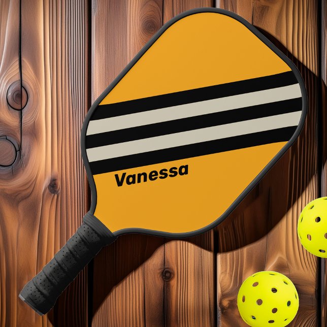 Retro Bumblebee Buzz Stripes with Name Pickleball Paddle (Creator Uploaded)