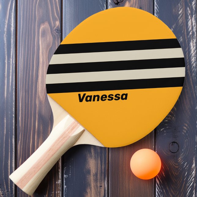 Retro Bumblebee Buzz Stripes with Name Ping Pong Paddle (Creator Uploaded)