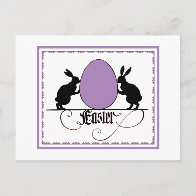 Retro Bunnies and Purple Easter Egg Silhouette Postcard (Front)