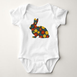 Retro bunny rabbit with orange and yellow flowers baby bodysuit