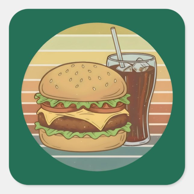 Retro burger and cola. square sticker (Front)