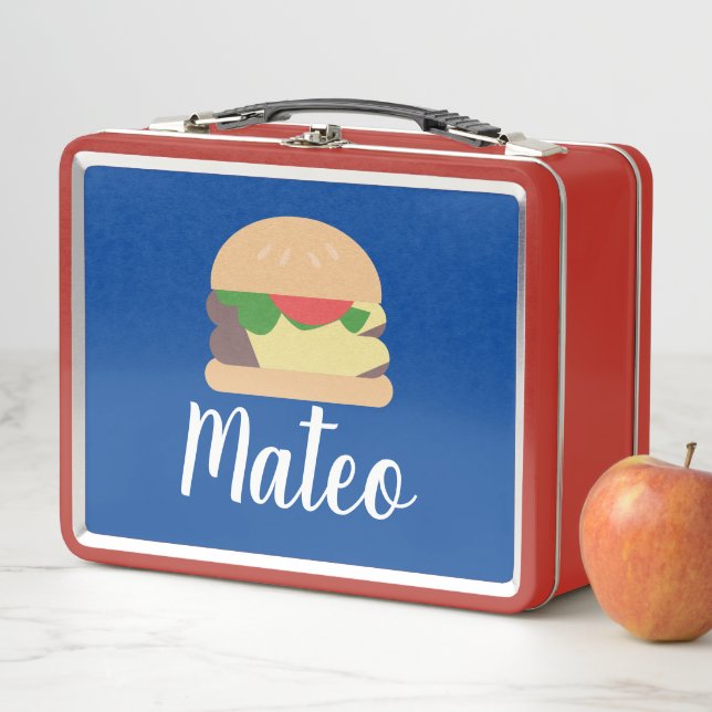 Retro Burger Blue Red Kids Name Metal Lunch Box (In Situ)