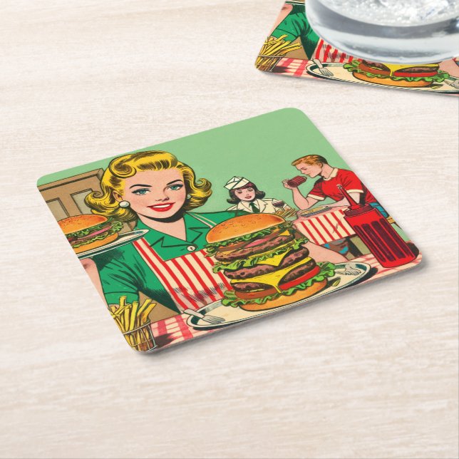 Retro Burger Comics Square Paper Coaster (Angled)