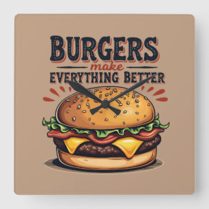 Retro Burger Lover Vintage Typography Food Art Square Wall Clock