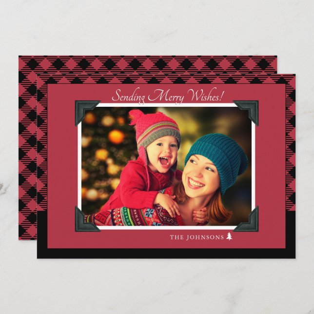 Retro Burgundy Buffalo Check Christmas Photo Holiday Card (Front/Back)