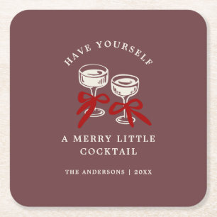Retro Burgundy Merry Little Cocktail Christmas Square Paper Coaster