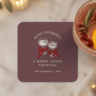 Retro Burgundy Merry Little Cocktail Christmas Square Paper Coaster