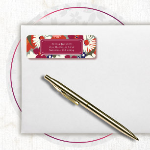 Retro Burgundy Plum Red Colourful Floral Address Return Address Label