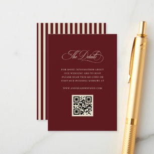 Retro Burgundy Stripes QR Code Wedding Details Enclosure Card