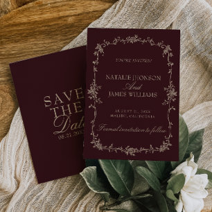 Retro Burgundy Tamarind Floral Old Money Wedding Save The Date