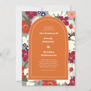  Retro Burnt Orange Bold Floral Boho Wedding Invitation