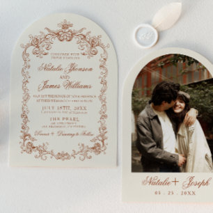 Retro Burnt Orange Old Money Arched Photo Wedding Invitation