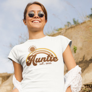 Retro Burnt Orange Sun and Rainbow Auntie T-Shirt