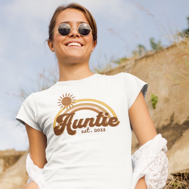 Retro Burnt Orange Sun and Rainbow Auntie T-Shirt (Creator Uploaded)