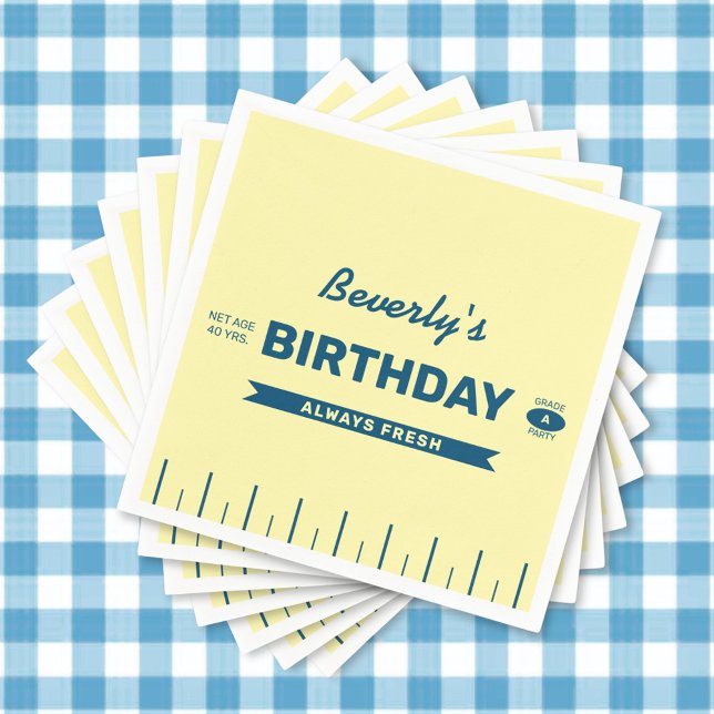 Retro Butter Stick Personalized Birthday Party Napkin (Custom yellow butter stick napkins for a fresh birthday celebration for any year.)